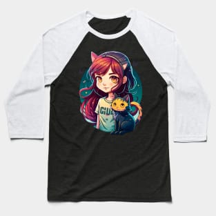 Girl & Cat Kawaii Anime Retro Cat Lover Baseball T-Shirt